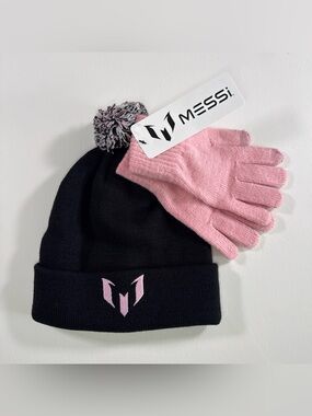 Messi Kids Black & Pink Beanie with Pink Gloves Set